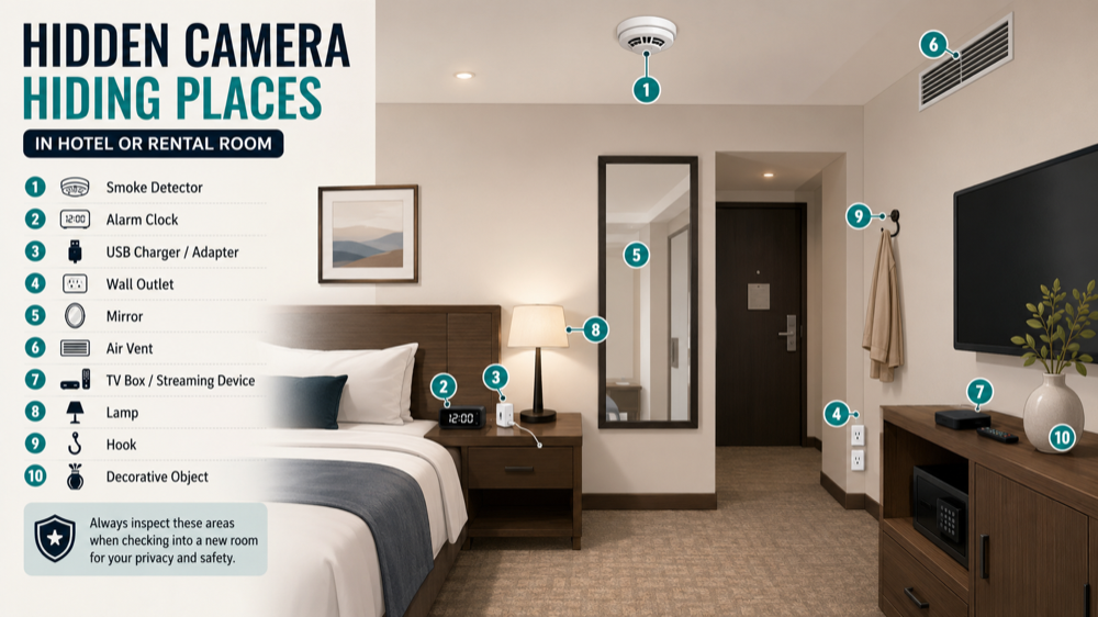 Common places hidden cameras may be concealed in a room
