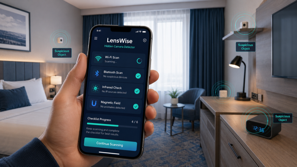 LensWise guided hidden camera room scan in a hotel room