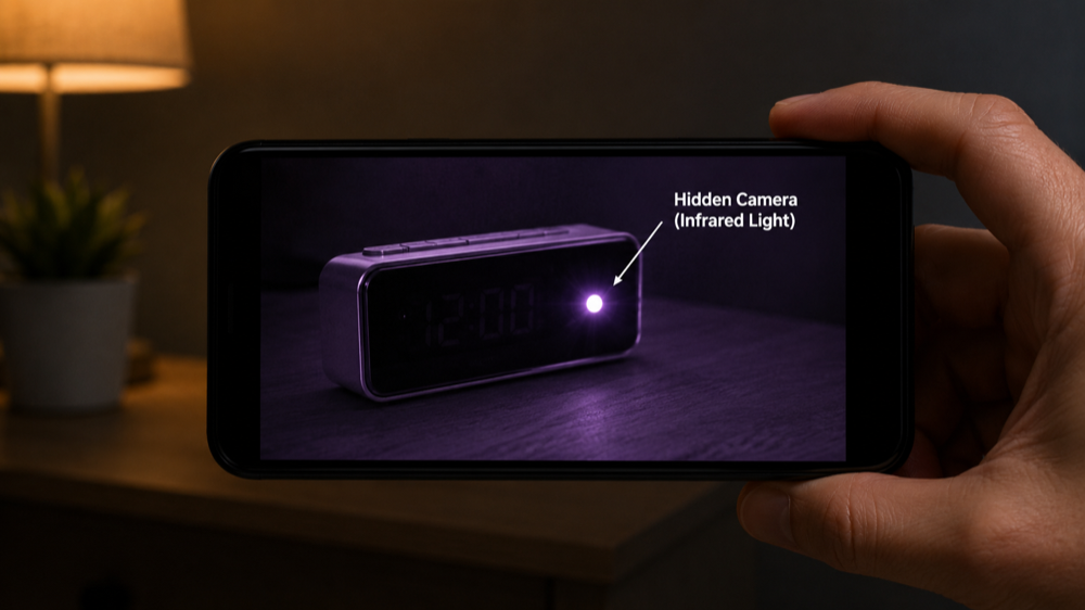 Phone camera infrared hidden camera test with remote control